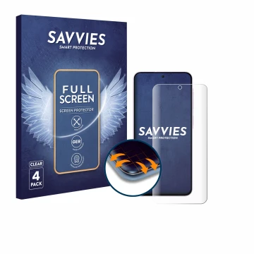 Front side of a product packaging with the brand logo Savvies. Next to it is the device Samsung Galaxy A56 5G (case-friendly) 