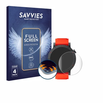 Front side of a product packaging with the brand logo Savvies. Next to it is the device Nothing CMF Watch 3 Pro shown with the