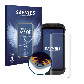 Front side of a product packaging with the brand logo Savvies. Next to it is the device Ulefone Armor 15 shown with the corres