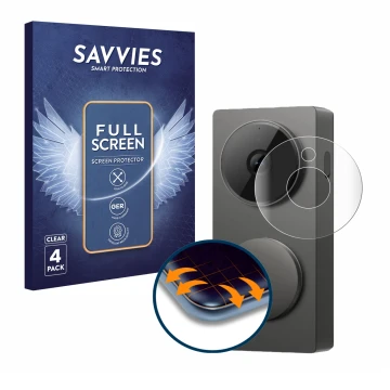 Front side of a product packaging with the brand logo Savvies. Next to it is the device Aqara Hub G410 shown with the correspo