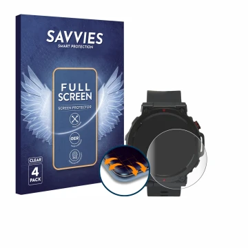 Front side of a product packaging with the brand logo Savvies. Next to it is the device Crivit Sport-Smartwatch shown with the