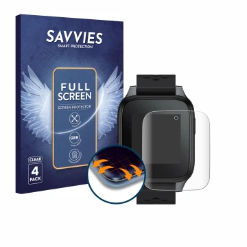 Front side of a product packaging with the brand logo Savvies. Next to it is the device TCL Family Watch MT46 shown with the c
