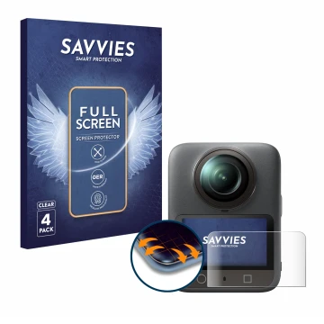 Front side of a product packaging with the brand logo Savvies. Next to it is the device DJI Osmo 360 shown with the correspond