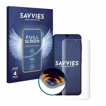Front side of a product packaging with the brand logo Savvies. Next to it is the device Samsung Galaxy A17 4G shown with the c