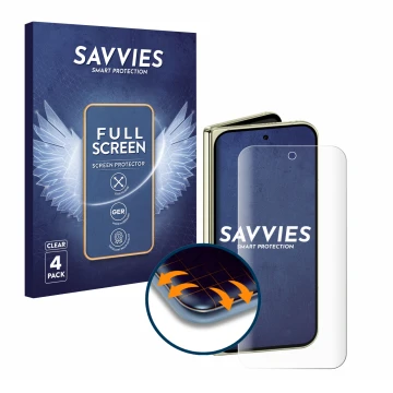 Front side of a product packaging with the brand logo Savvies. Next to it is the device Google Pixel 10 Pro Fold shown with th