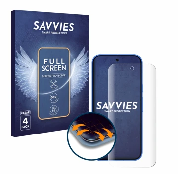 Front side of a product packaging with the brand logo Savvies. Next to it is the device Google Pixel 10 shown with the corresp