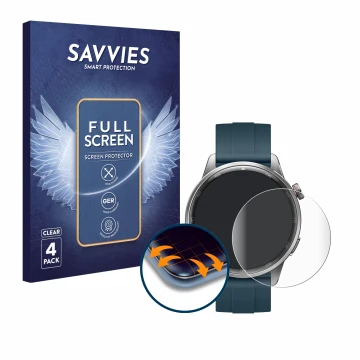 Front side of a product packaging with the brand logo Savvies. Next to it is the device realme Watch S2 shown with the corresp