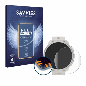 Front side of a product packaging with the brand logo Savvies. Next to it is the device Suunto Race 2 shown with the correspon