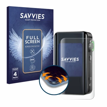 Front side of a product packaging with the brand logo Savvies. Next to it is the device Lost Vape Centaurus Bt200 shown with t