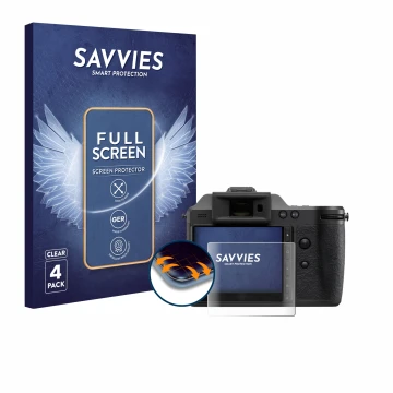 Front side of a product packaging with the brand logo Savvies. Next to it is the device Hasselblad X2D II 100C shown with the 