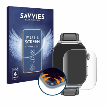 Front side of a product packaging with the brand logo Savvies. Next to it is the device Kardena Care Pro 5 Modern shown with t