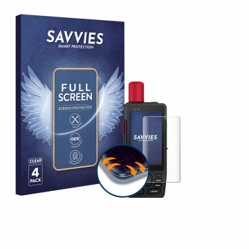 Front side of a product packaging with the brand logo Savvies. Next to it is the device Garmin GPSMAP H1i Plus shown with the 
