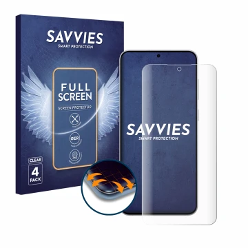 Front side of a product packaging with the brand logo Savvies. Next to it is the device Samsung Galaxy S25 FE shown with the c