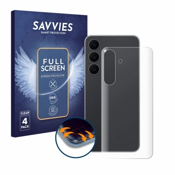 Front side of a product packaging with the brand logo Savvies. Next to it is the device Samsung Galaxy S25 FE (Back) shown wit