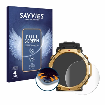 Front side of a product packaging with the brand logo Savvies. Next to it is the device Huami Amazfit T-Rex 3 Pro (48 mm) show