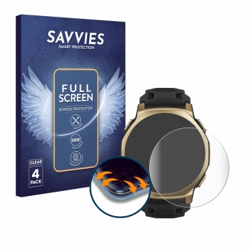 Front side of a product packaging with the brand logo Savvies. Next to it is the device Huami Amazfit T-Rex 3 Pro (44 mm) show