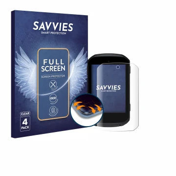 Front side of a product packaging with the brand logo Savvies. Next to it is the device Garmin Edge 550 shown with the corresp