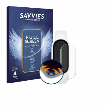 Front side of a product packaging with the brand logo Savvies. Next to it is the device Xiaomi Smart Band 10 Ceramic Edition s