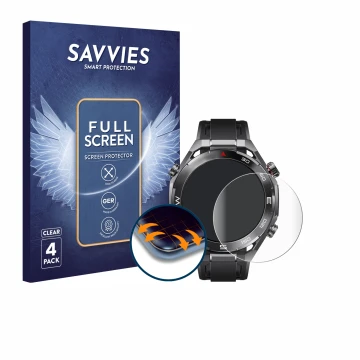 Front side of a product packaging with the brand logo Savvies. Next to it is the device Huawei Watch Ultimate 2 Black shown wi