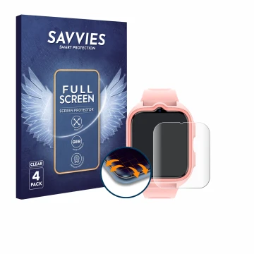 Front side of a product packaging with the brand logo Savvies. Next to it is the device Blackview Z30 Kids Smartwatch shown wi