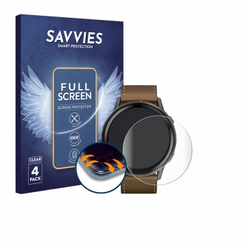 Front side of a product packaging with the brand logo Savvies. Next to it is the device Garmin Venu 4 (45 mm) shown with the c