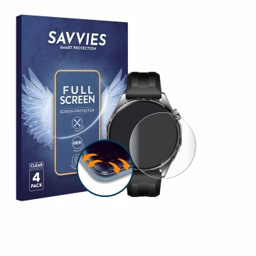 Front side of a product packaging with the brand logo Savvies. Next to it is the device Huawei Watch GT 6 (46 mm) shown with t