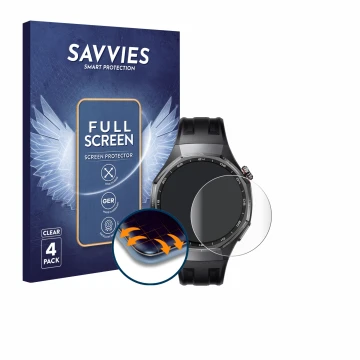 Front side of a product packaging with the brand logo Savvies. Next to it is the device Huawei Watch GT 6 Pro (46 mm) shown wi