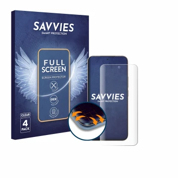 Front side of a product packaging with the brand logo Savvies. Next to it is the device Xiaomi 15T Pro shown with the correspo