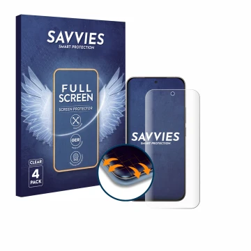 Front side of a product packaging with the brand logo Savvies. Next to it is the device Xiaomi 17 shown with the corresponding