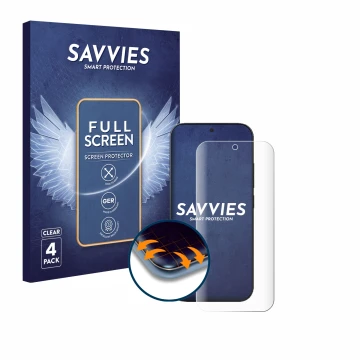 Front side of a product packaging with the brand logo Savvies. Next to it is the device Xiaomi 17 Pro shown with the correspon