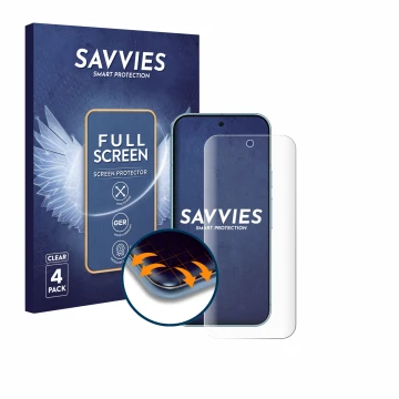 Front side of a product packaging with the brand logo Savvies. Next to it is the device Google Pixel 9 (case-friendly) shown w