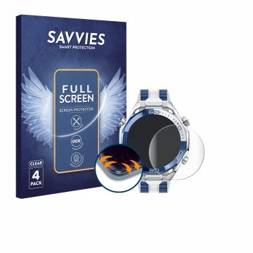 Front side of a product packaging with the brand logo Savvies. Next to it is the device Huawei Watch Ultimate 2 Blue shown wit