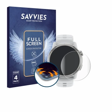 Front side of a product packaging with the brand logo Savvies. Next to it is the device Coros Apex 4 (46 mm) shown with the co