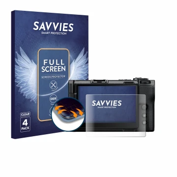 Front side of a product packaging with the brand logo Savvies. Next to it is the device Nikon ZR shown with the corresponding 