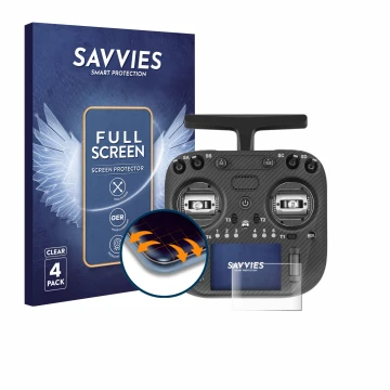 Front side of a product packaging with the brand logo Savvies. Next to it is the device Radiomaster TX15 Max shown with the co
