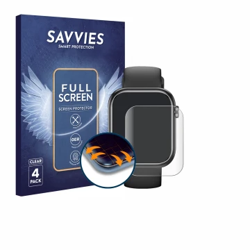 Front side of a product packaging with the brand logo Savvies. Next to it is the device RLQA G104 1.83