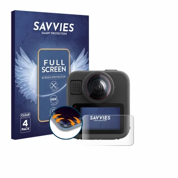 Front side of a product packaging with the brand logo Savvies. Next to it is the device GoPro Max 2 shown with the correspondi