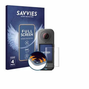 Front side of a product packaging with the brand logo Savvies. Next to it is the device Insta360 X4 Air shown with the corresp