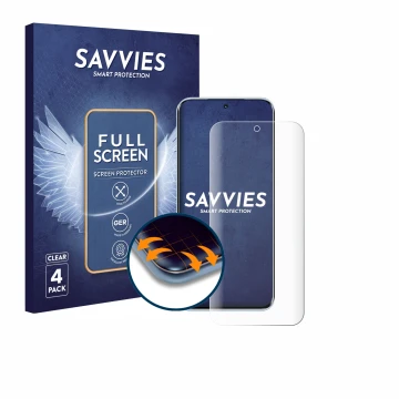 Front side of a product packaging with the brand logo Savvies. Next to it is the device Tecno Pova Slim shown with the corresp