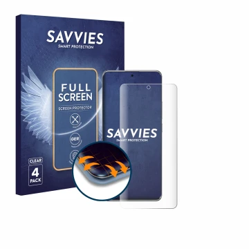 Front side of a product packaging with the brand logo Savvies. Next to it is the device Xiaomi Redmi Note 14 Pro Plus 5G shown