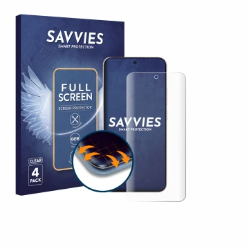 Front side of a product packaging with the brand logo Savvies. Next to it is the device Oppo Reno 14 shown with the correspond