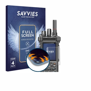 Front side of a product packaging with the brand logo Savvies. Next to it is the device Radtel RT-950 Pro shown with the corre