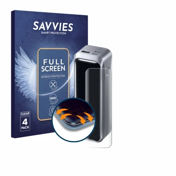 Front side of a product packaging with the brand logo Savvies. Next to it is the device Anker Prime 220 W shown with the corre