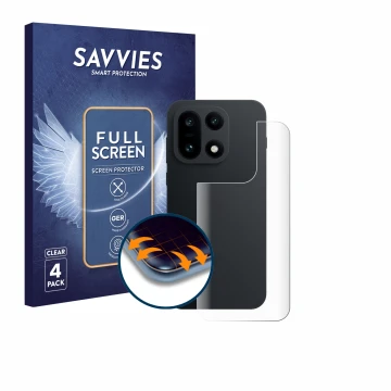 Front side of a product packaging with the brand logo Savvies. Next to it is the device OnePlus 15 (Back) shown with the corre