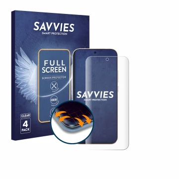 Front side of a product packaging with the brand logo Savvies. Next to it is the device Oppo Reno 15 Pro shown with the corres