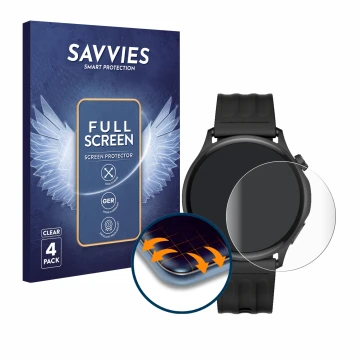 Front side of a product packaging with the brand logo Savvies. Next to it is the device OnePlus Watch Lite shown with the corr