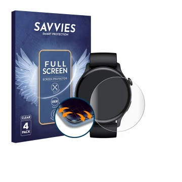Front side of a product packaging with the brand logo Savvies. Next to it is the device EKO Connected Watch 5.2 shown with the