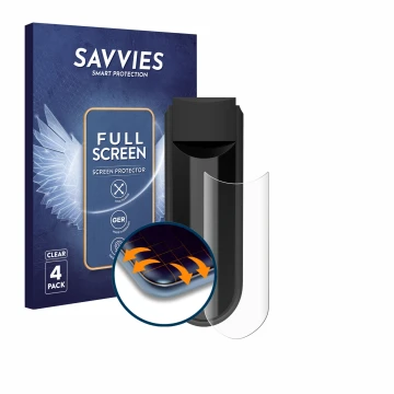 Front side of a product packaging with the brand logo Savvies. Next to it is the device Vorwerk Kobold VK7 shown with the corr