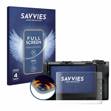 Front side of a product packaging with the brand logo Savvies. Next to it is the device Nikon ZR 2025 shown with the correspon