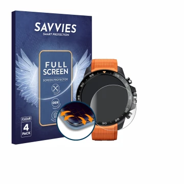Front side of a product packaging with the brand logo Savvies. Next to it is the device Xiaomi Mibro GS Explorer S shown with 